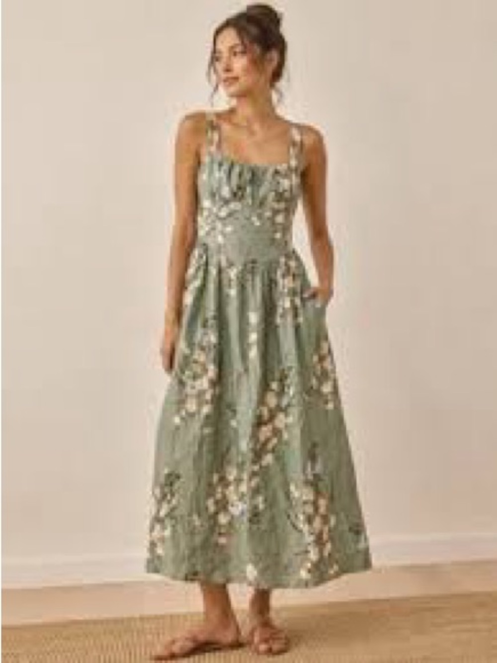 House of Harlow 1960 Sage Green Floral Midi Dress linen blend small